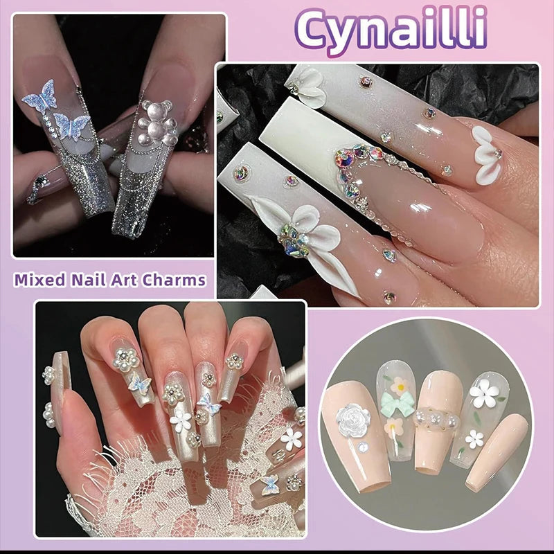 24-Piece 3D Y2K Millennial Nail Art Decoration Set, Assorted Rhinestones, Pearls, Butterfly, Heart & Flower DIY Nail Charms