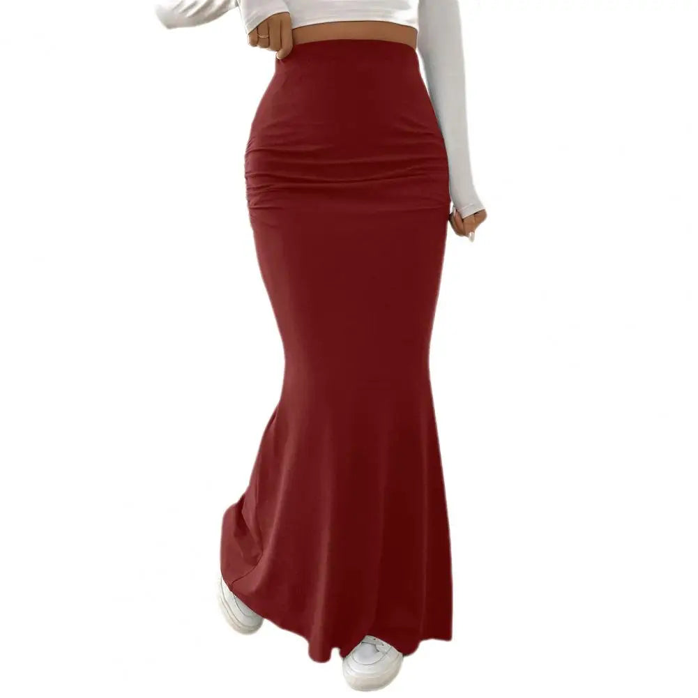 Women Maxi Skirt Solid Color High Waist Knitted Women's Fishtail Skirt Long Skirt Spring Autumn Elegant Shirring Design Skirts