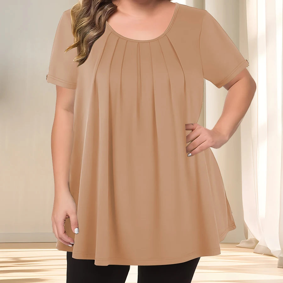 [Elegant Plus Size Blouse] Lightweight Polyester Women's Casual Crew Neck Short Sleeve Blouse, Plus Size | Solid Color, Subtle S