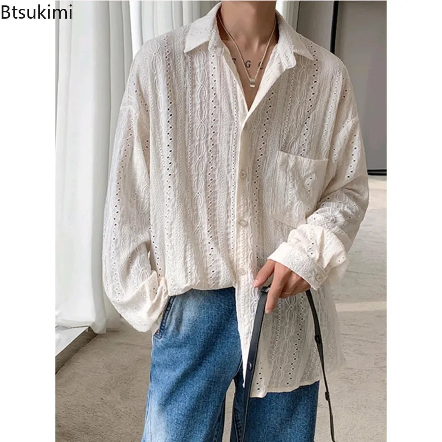 New Men's Personalized Shirts Men Handsome Lapel Blouse Vacation Hollow Out Sexy Fashion Clothing Male Mesh Long Sleeve Shirts