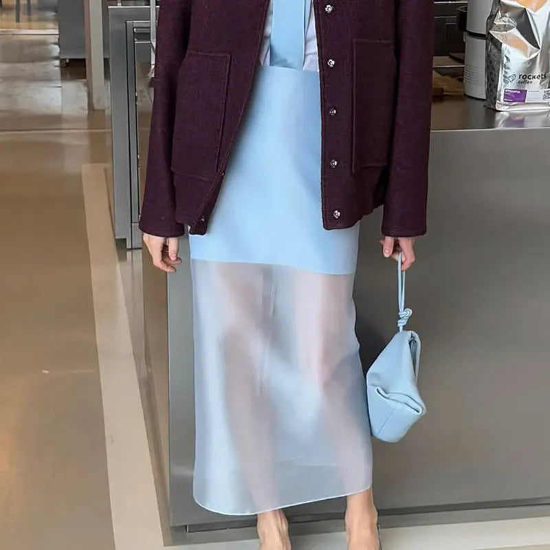 Tsiisd Fashion See-Through High Waist Long Skirt Female Commute Slim Casual Solid Y2k Skirt Summer Women's Mesh Maxi Skirt 2026