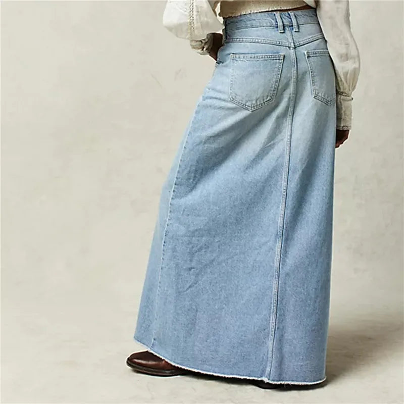 Vintage Women Denim Maxi Skirt Raw Hem A-Line Jean Skirt Casual Y2K Fashion High Waisted Long Denim Skirt with Pockets