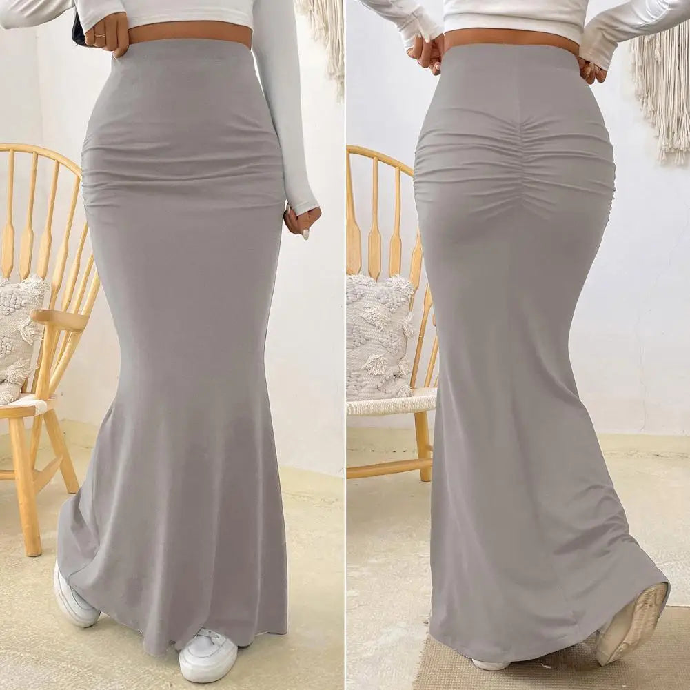Women Maxi Skirt Solid Color High Waist Knitted Women's Fishtail Skirt Long Skirt Spring Autumn Elegant Shirring Design Skirts