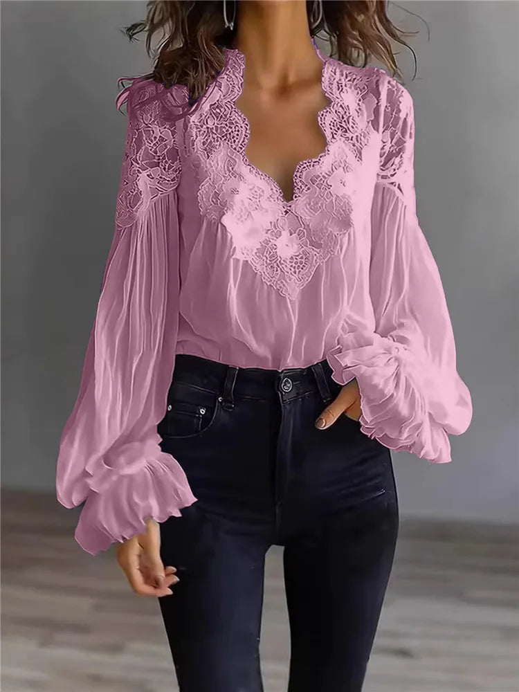 Women's Blouse Black White Elegant Sexy V-Neck Lace Splicing Lantern Sleeve Solid Blouse Fashion Loose Casual Shirts For Female