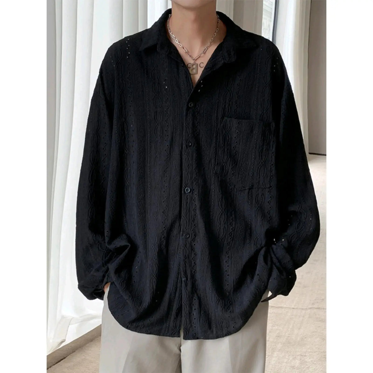 New Men's Personalized Shirts Men Handsome Lapel Blouse Vacation Hollow Out Sexy Fashion Clothing Male Mesh Long Sleeve Shirts