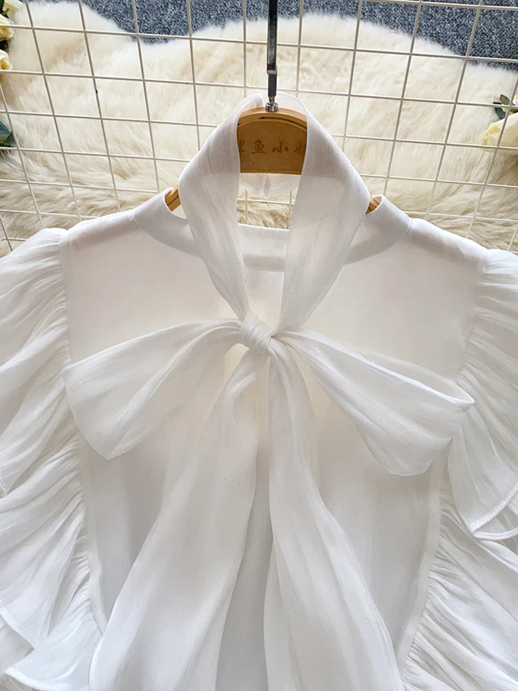 Women Blouse Elegant Bow-detailed Chiffon Blouse Ruffle Hem Featuring Lightweight Layering Piece Spring Summer Blusa Top BL341
