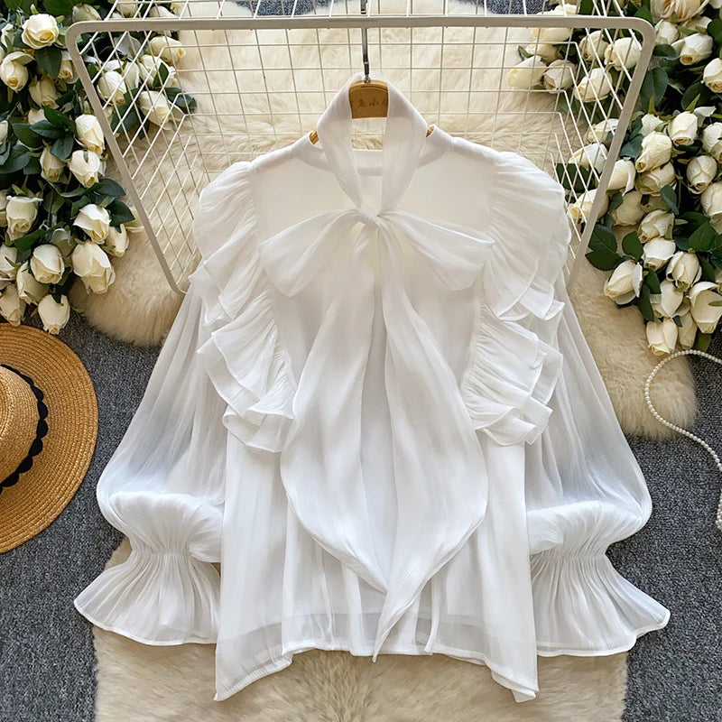 Women Blouse Elegant Bow-detailed Chiffon Blouse Ruffle Hem Featuring Lightweight Layering Piece Spring Summer Blusa Top BL341