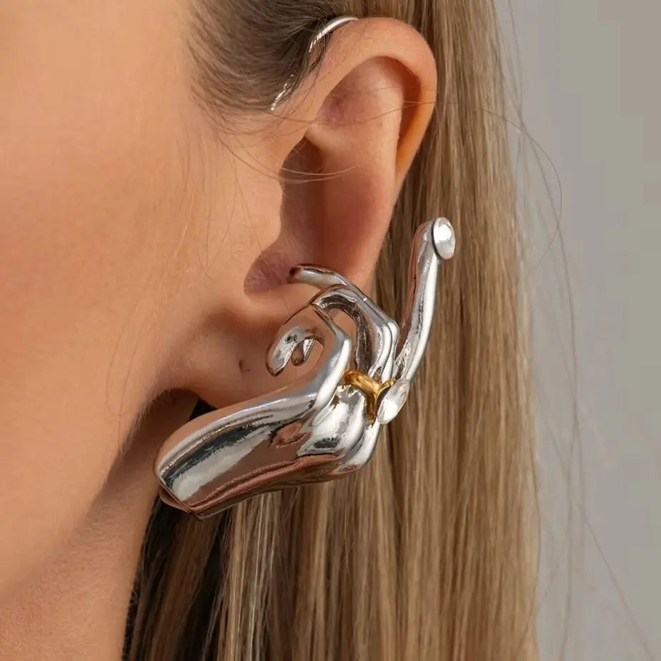 KunJoe 1PC Novelty Design Metal Hand Left Earcuff Dangle Earrings For Women Fashion Show Statement Earrings Jewelry Accessories
