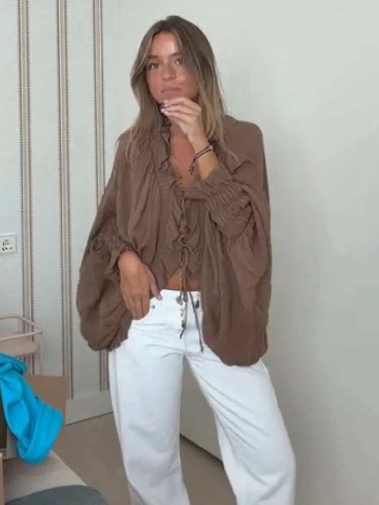 Elegant Chic Brown Flowy Blouse Women Trendy V‑Neck Tie Front Ruffle Long Sleeve Loose Top Autumn New Lady Daily High Street Top