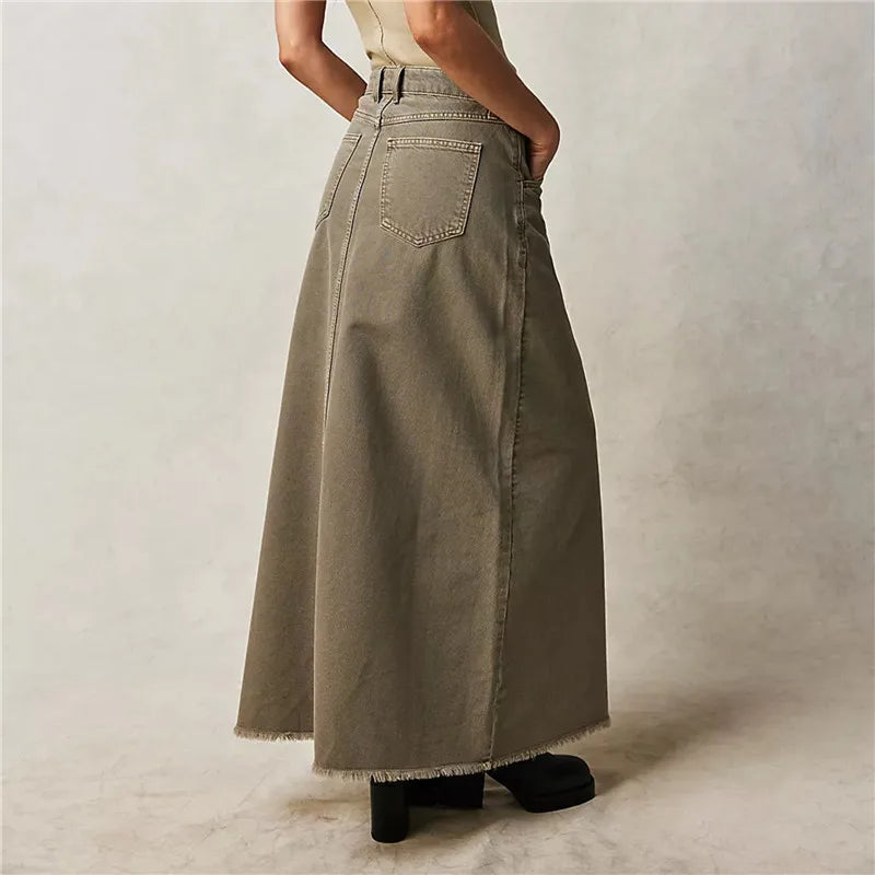 Vintage Women Denim Maxi Skirt Raw Hem A-Line Jean Skirt Casual Y2K Fashion High Waisted Long Denim Skirt with Pockets