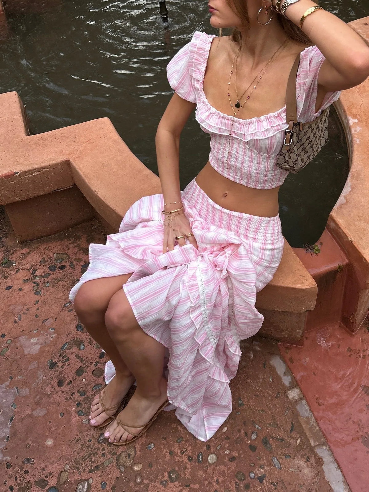 Striped Skirt Two-piece Summer New Product Bubble Sleeve Square Neck Short Top Low Waist Layered Skirt Women