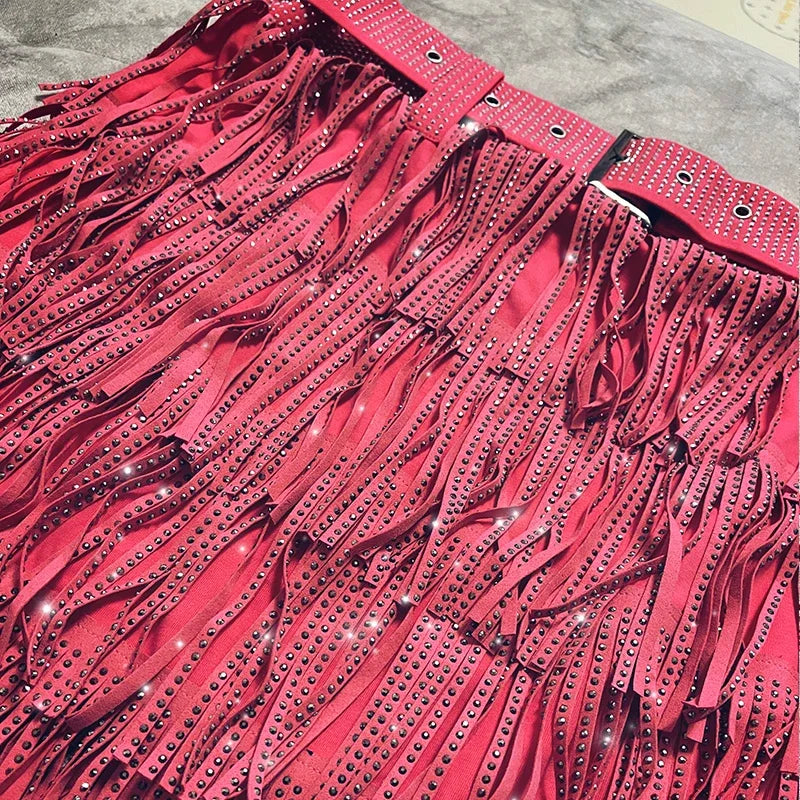 Women Skirt Fashion 2025 New Autumn High Waist Belt Multi Layer Short  Heavy Drilling Rhinestones Fringed Skirt with Cake A Line