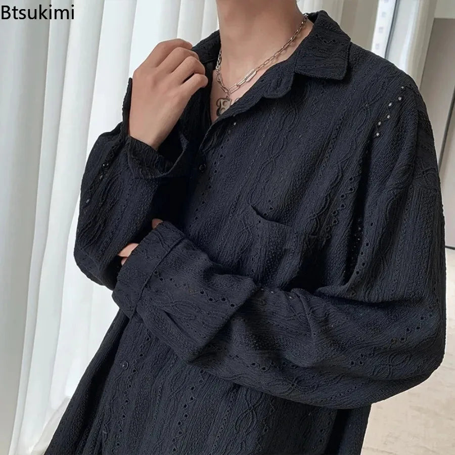 New Men's Personalized Shirts Men Handsome Lapel Blouse Vacation Hollow Out Sexy Fashion Clothing Male Mesh Long Sleeve Shirts