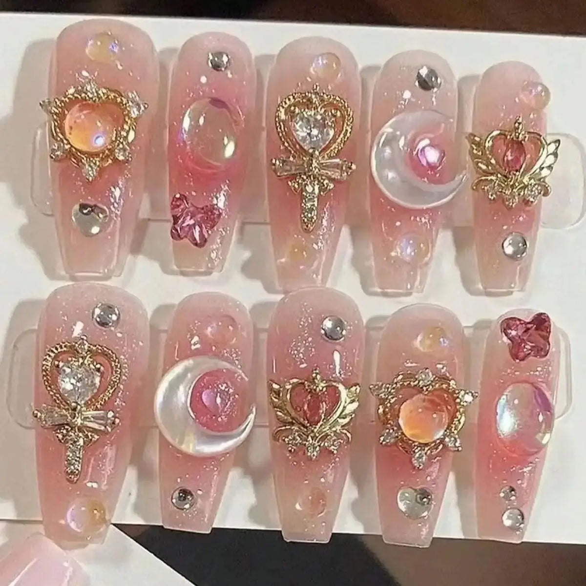 10PCS Handmade Press On Nails Japanese all-match pink ultra-glitter mid-step false nails