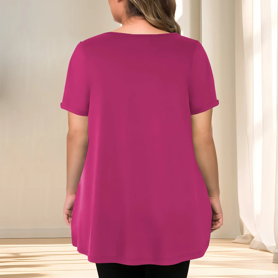 [Elegant Plus Size Blouse] Lightweight Polyester Women's Casual Crew Neck Short Sleeve Blouse, Plus Size | Solid Color, Subtle S