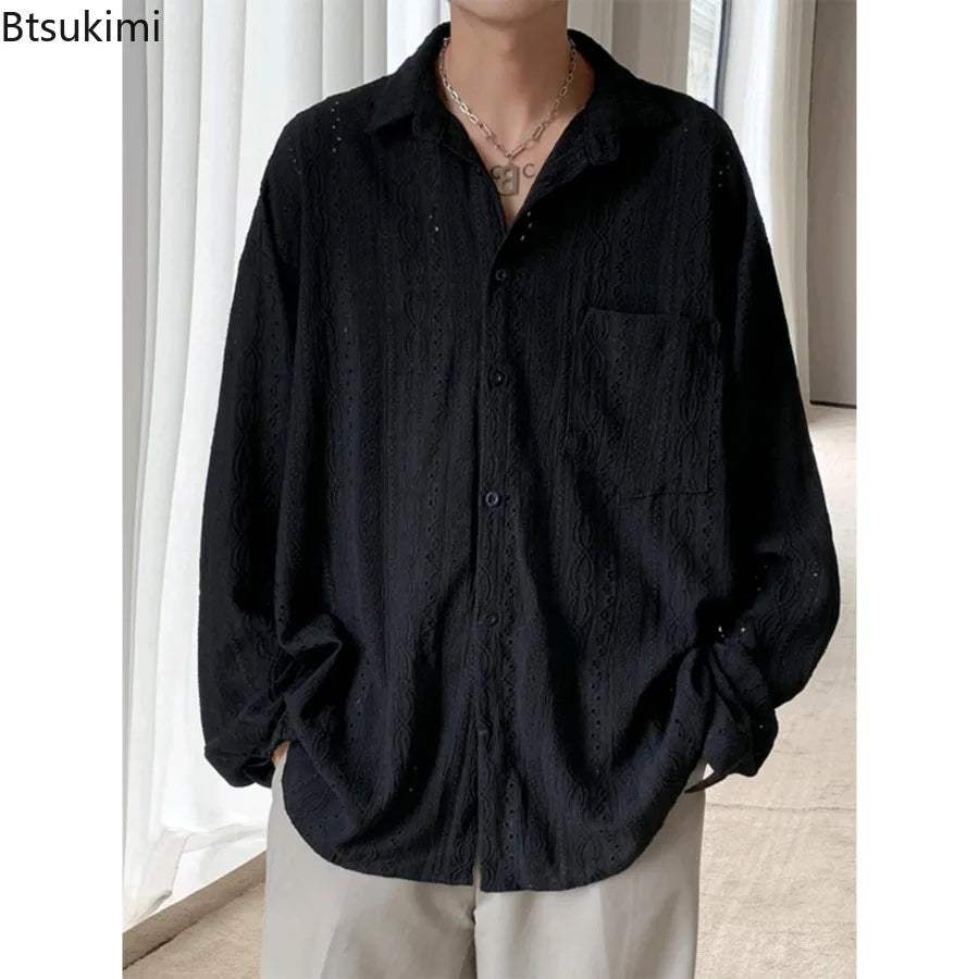 New Men's Personalized Shirts Men Handsome Lapel Blouse Vacation Hollow Out Sexy Fashion Clothing Male Mesh Long Sleeve Shirts
