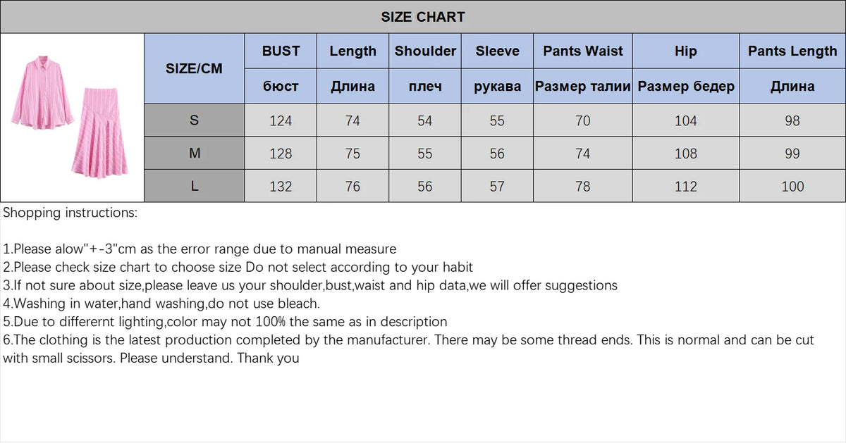 Women's Fashion Skirt Set 2 Piece Set Pink Oversize Long Sleeve Striped Shirt & Zipper Splicing Pleated Midi Skirt Female Outfit