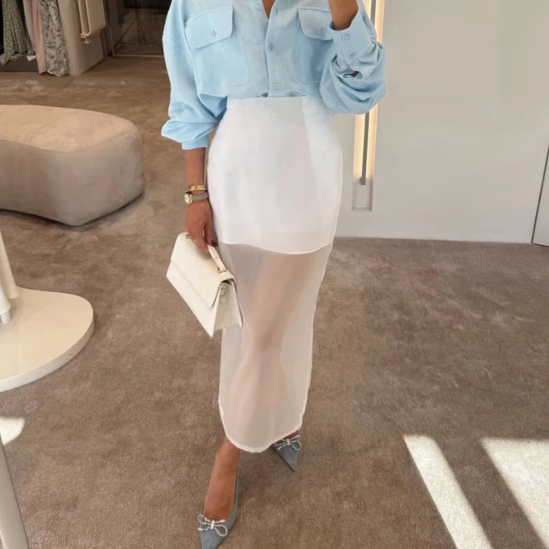 Tsiisd Fashion See-Through High Waist Long Skirt Female Commute Slim Casual Solid Y2k Skirt Summer Women's Mesh Maxi Skirt 2026