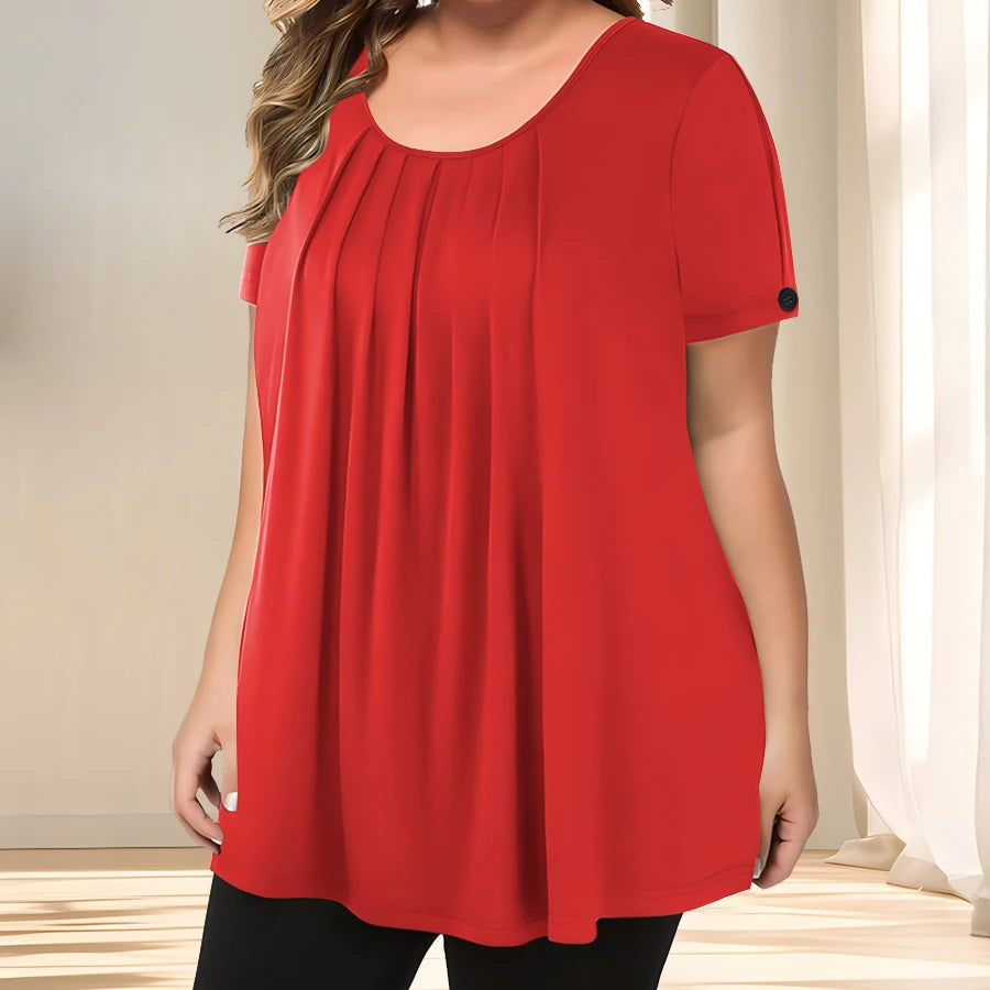 [Elegant Plus Size Blouse] Lightweight Polyester Women's Casual Crew Neck Short Sleeve Blouse, Plus Size | Solid Color, Subtle S