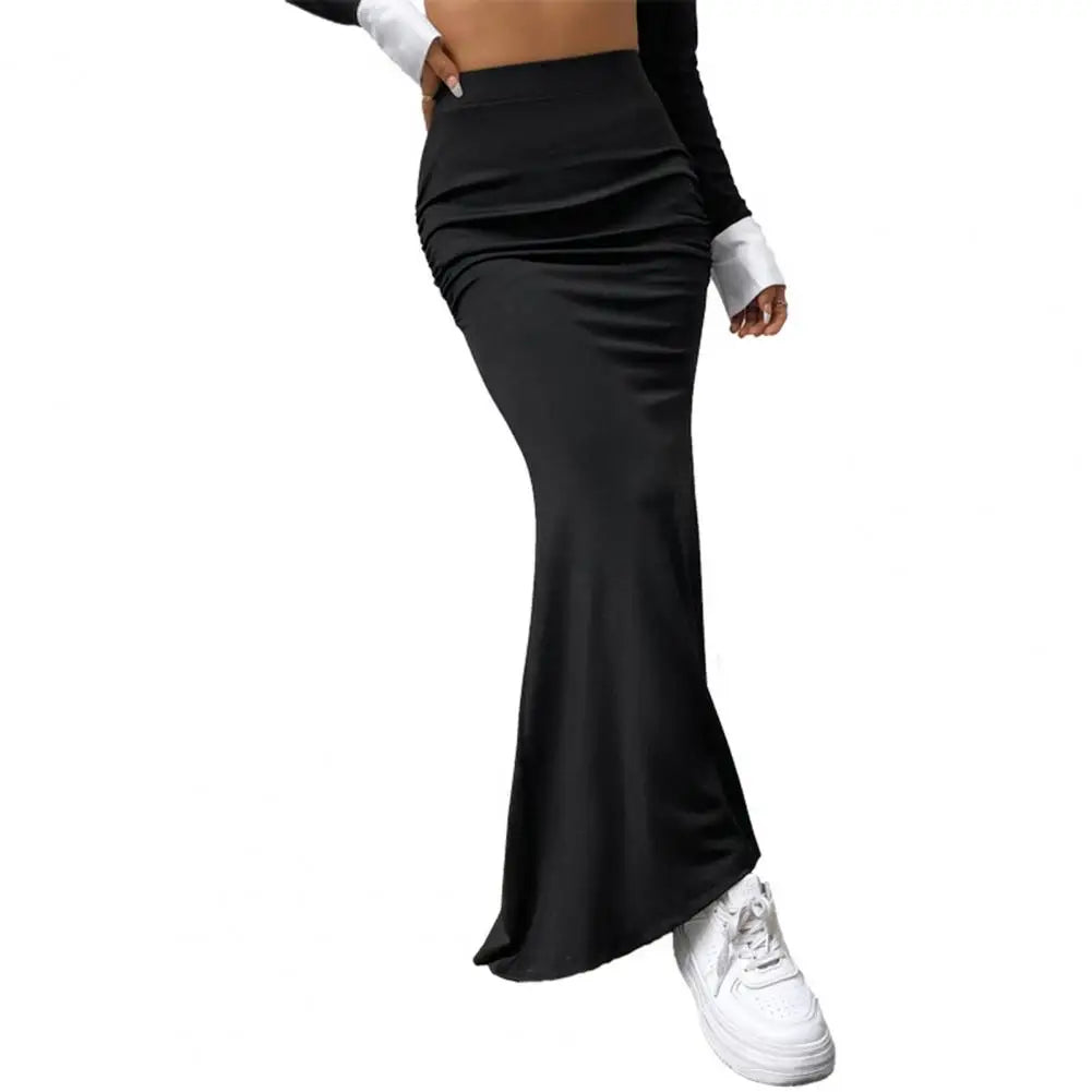 Women Maxi Skirt Solid Color High Waist Knitted Women's Fishtail Skirt Long Skirt Spring Autumn Elegant Shirring Design Skirts