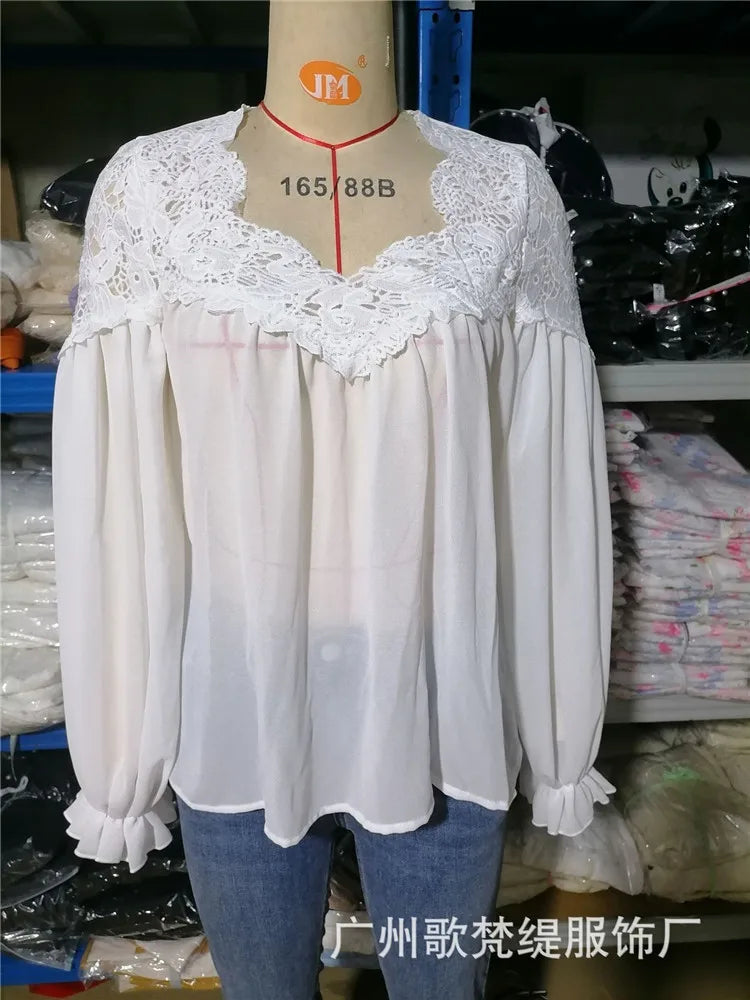 Women's Blouse Black White Elegant Sexy V-Neck Lace Splicing Lantern Sleeve Solid Blouse Fashion Loose Casual Shirts For Female
