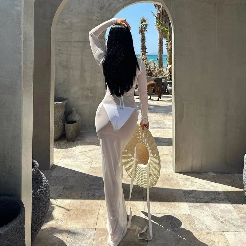 Women Slash Neck Mesh See-Through Dress New Sexy Slim Pullover Long Sleeve Floor-Length Solid Dresses Beach Style Swimsuit Cover