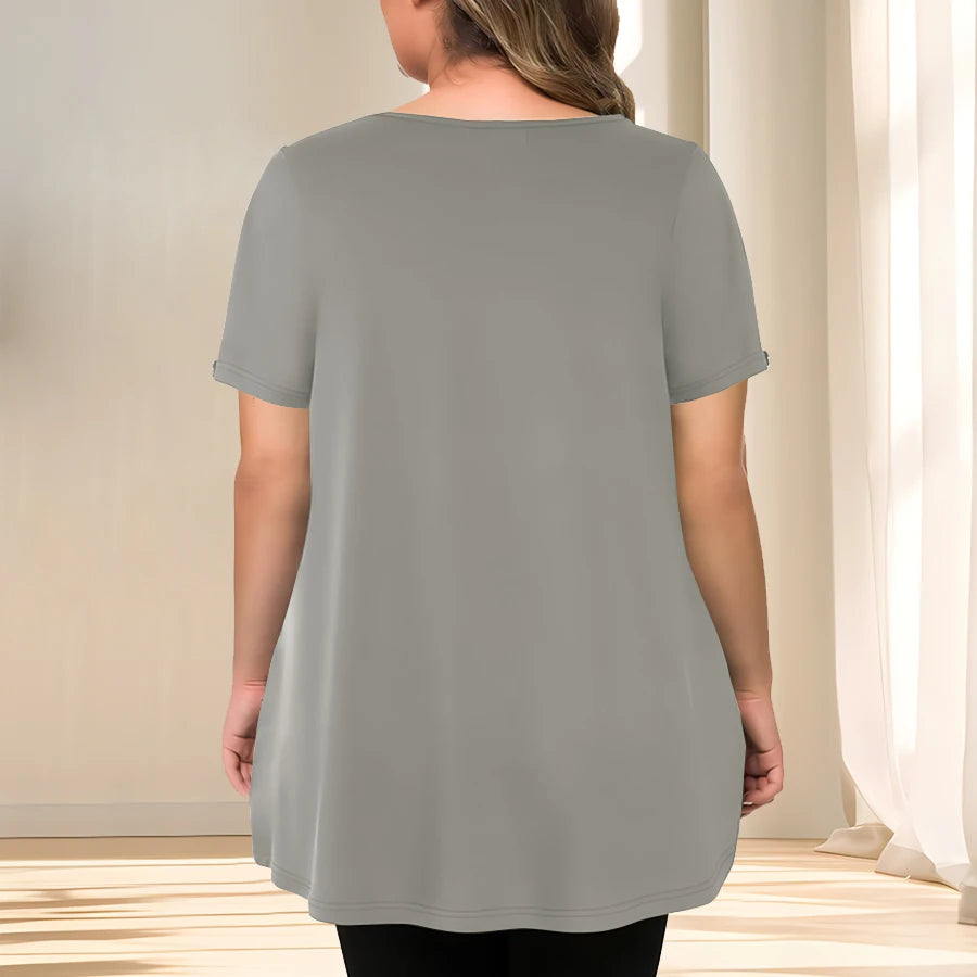 [Elegant Plus Size Blouse] Lightweight Polyester Women's Casual Crew Neck Short Sleeve Blouse, Plus Size | Solid Color, Subtle S