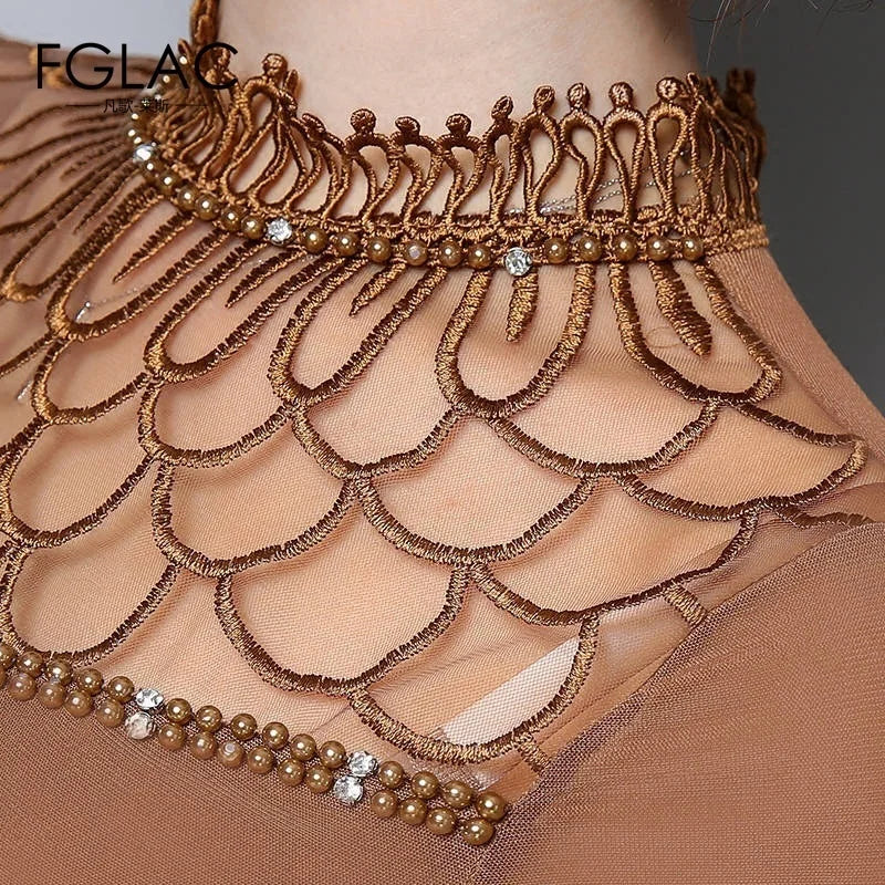 Women blouse shirt fashion long sleeve blouse Hollow out Lace tops Elegant Slim Patchwork