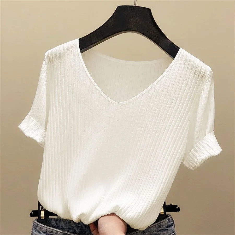 2026 Summer Blouse Women Blusas Mujer De Moda Verano Short Sleeve Blouse V-Neck Knitted Blouse Shirt Tops Women Blusas