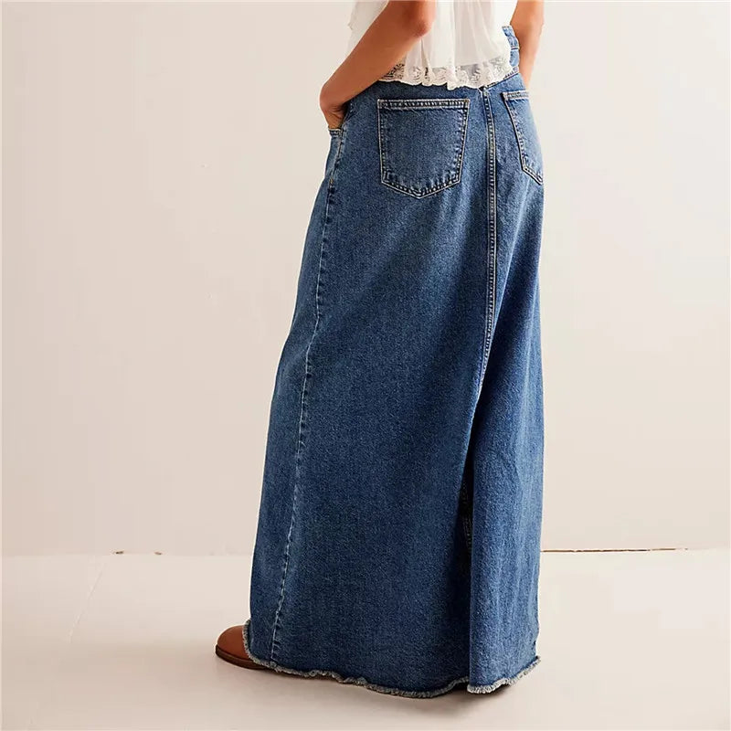 Vintage Women Denim Maxi Skirt Raw Hem A-Line Jean Skirt Casual Y2K Fashion High Waisted Long Denim Skirt with Pockets