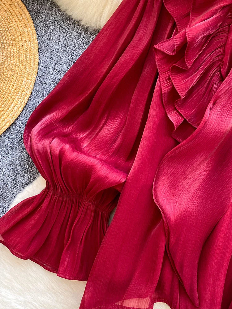 Women Blouse Elegant Bow-detailed Chiffon Blouse Ruffle Hem Featuring Lightweight Layering Piece Spring Summer Blusa Top BL341