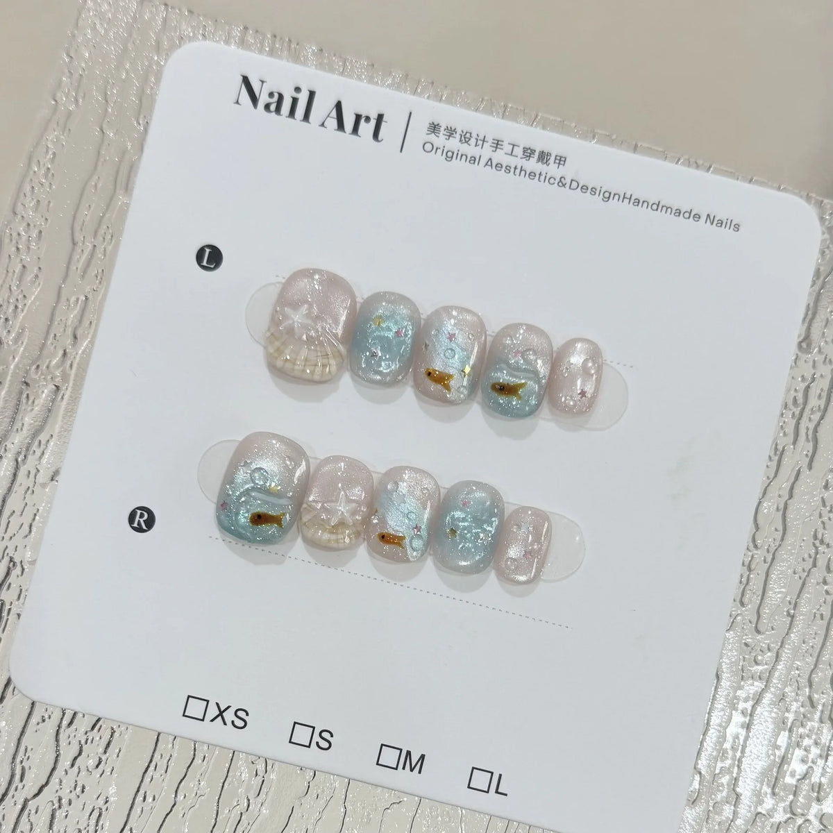 10pcs/set Handmade Press-On Nails - Blue Glossy Fish & Bubbles Design Short Oval Fake Nails with Cat Eye Effect False Nails