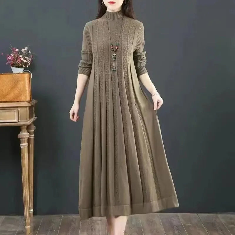 Autumn/Winter Women Knitted Dress 2025 New Solid Loose Pullover Half High Collar Long Knitted Sweater Dress Female High-Quality