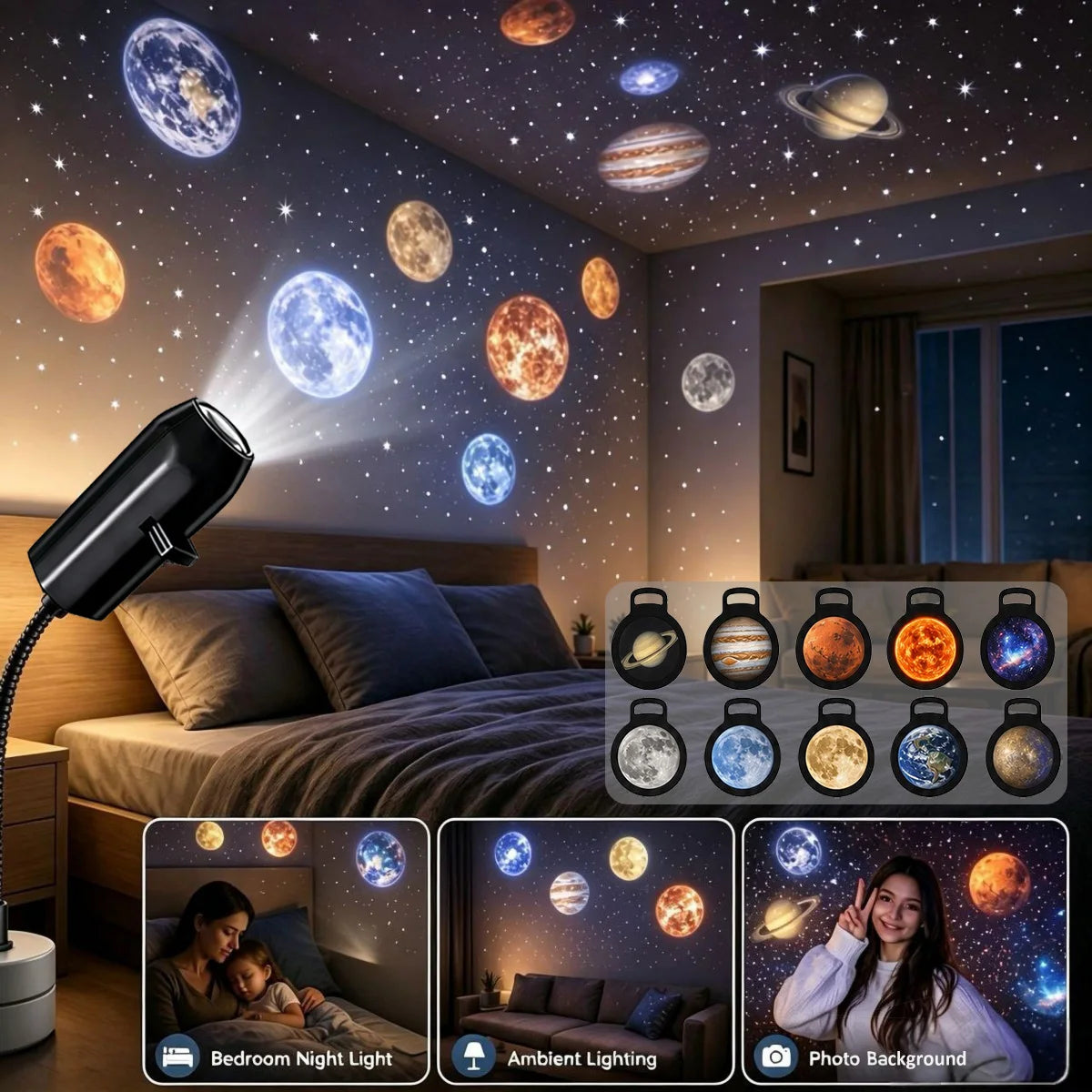 Galaxy Planet Projector Night Light USB Plug And Play HD Star Projector Space Ambient Lighting for Room Ceiling Decor Wall Lamp