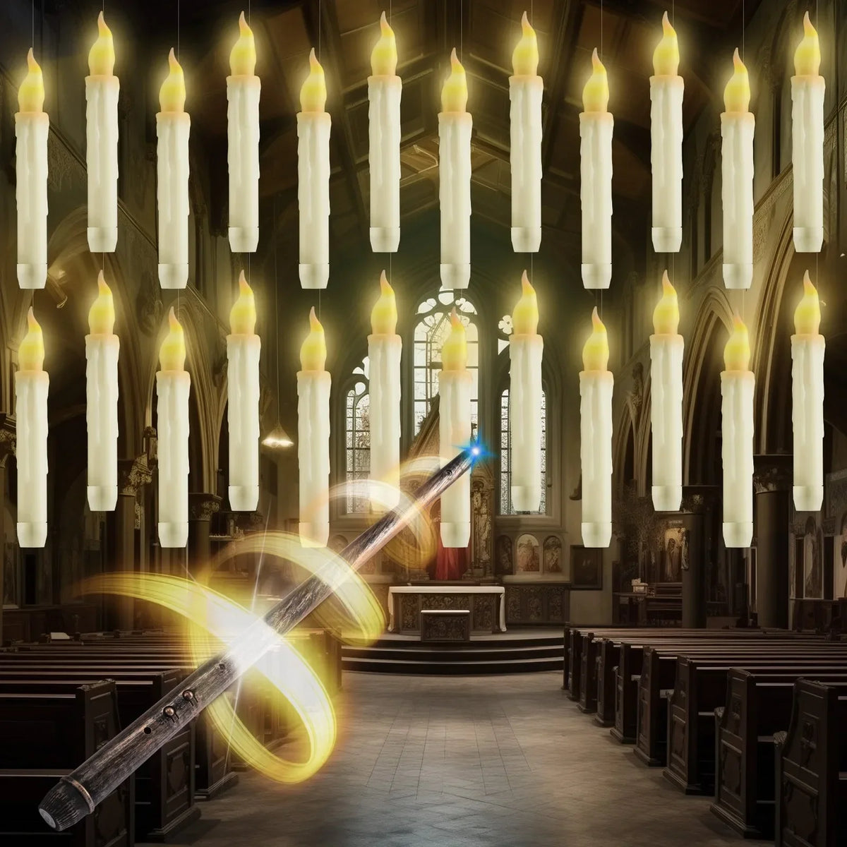 Magical Floating Candles with Wand Remote Control Flameless Hanging Candles for Halloween Wedding Christmas Birthday Party Decor
