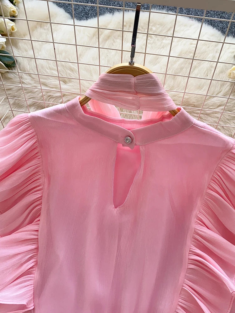 Women Blouse Elegant Bow-detailed Chiffon Blouse Ruffle Hem Featuring Lightweight Layering Piece Spring Summer Blusa Top BL341