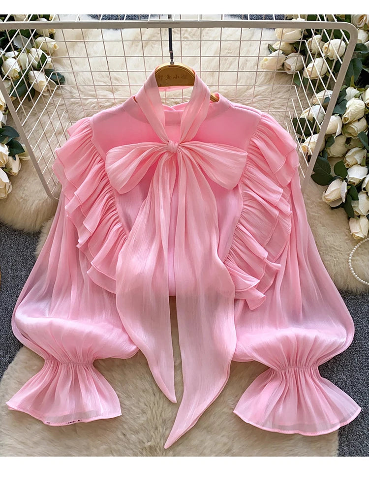 Women Blouse Elegant Bow-detailed Chiffon Blouse Ruffle Hem Featuring Lightweight Layering Piece Spring Summer Blusa Top BL341