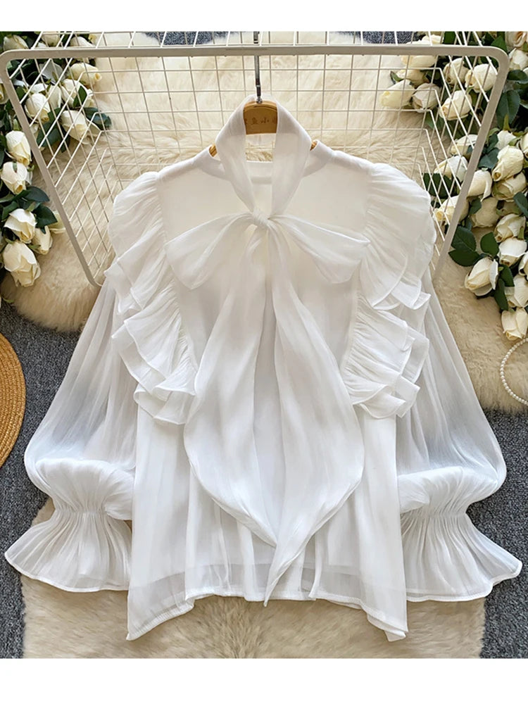 Women Blouse Elegant Bow-detailed Chiffon Blouse Ruffle Hem Featuring Lightweight Layering Piece Spring Summer Blusa Top BL341