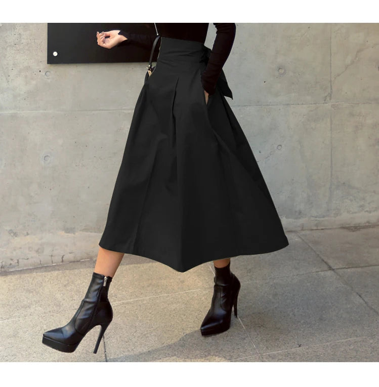 Skirts Womens Korean Fashion Solid Color Big Swing Ladies Skirt Long Skirt 2025 Autumn Wild High Waist Bow Slim Skirts