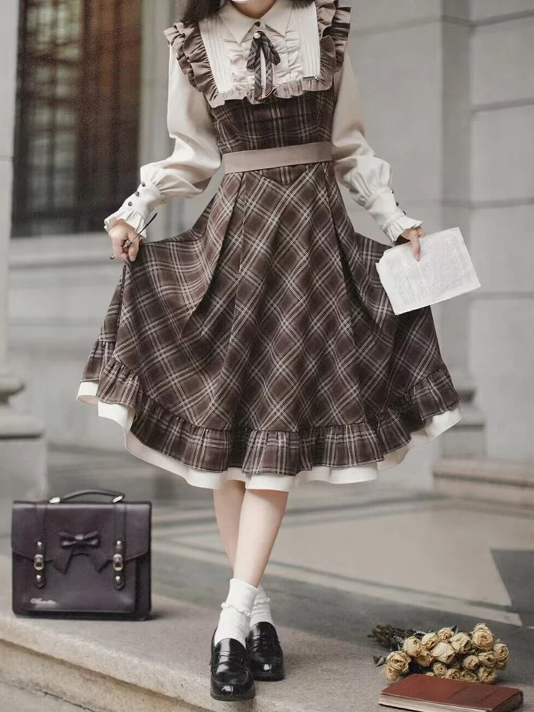 Fake Two-Piece Dress for Women Long Skirt Slim Fit Waist Cinching Vintage Lolita Plaid Bow New Korean Style Fashion Winter 2024