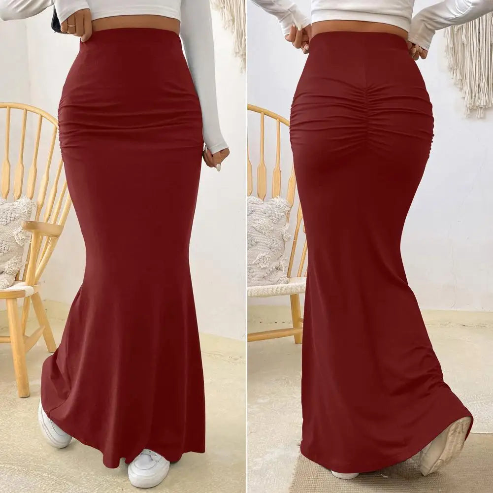 Women Maxi Skirt Solid Color High Waist Knitted Women's Fishtail Skirt Long Skirt Spring Autumn Elegant Shirring Design Skirts