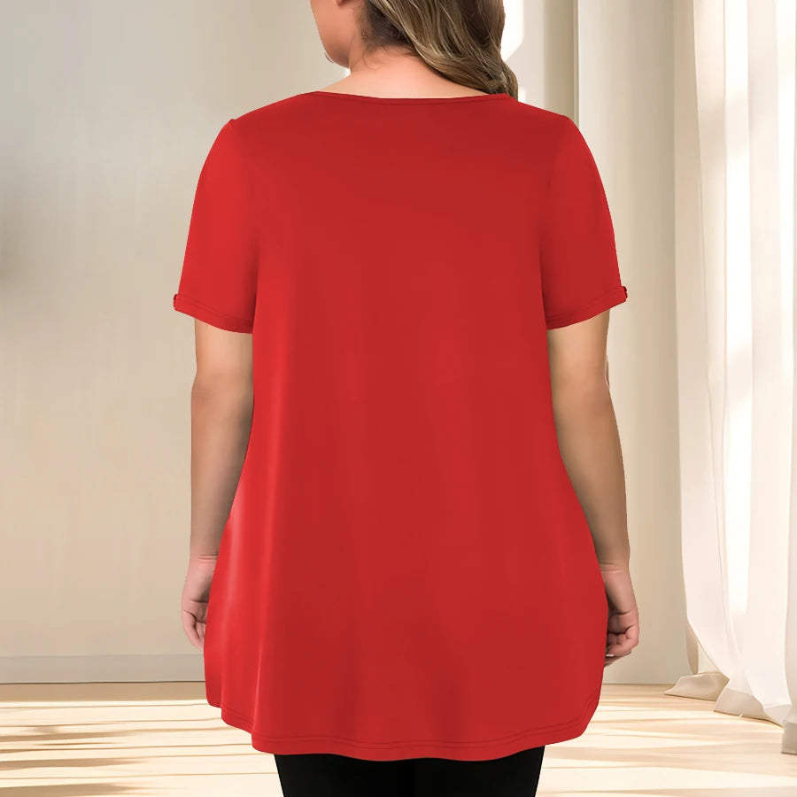 [Elegant Plus Size Blouse] Lightweight Polyester Women's Casual Crew Neck Short Sleeve Blouse, Plus Size | Solid Color, Subtle S