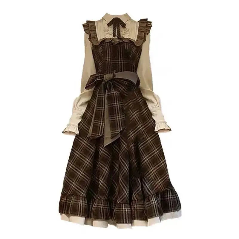 Fake Two-Piece Dress for Women Long Skirt Slim Fit Waist Cinching Vintage Lolita Plaid Bow New Korean Style Fashion Winter 2024