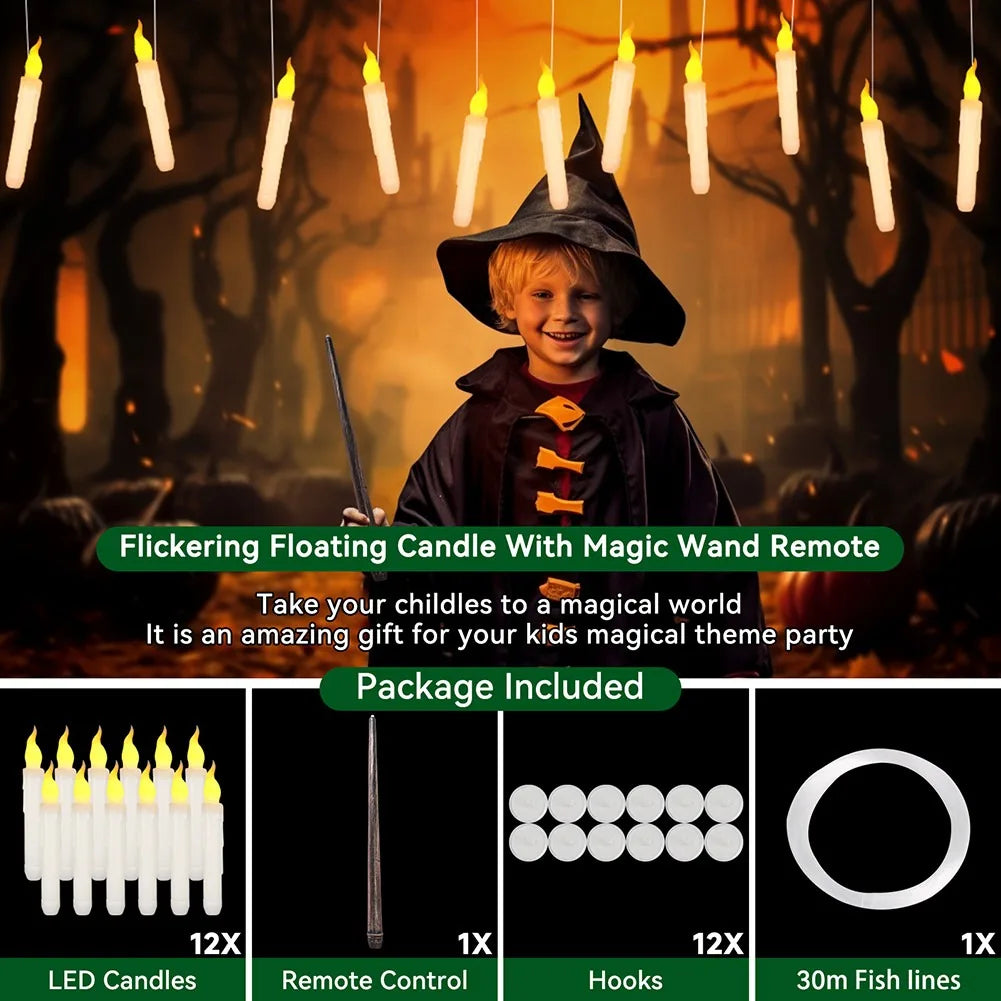 Magical Floating Candles with Control Wand Realistic Flickering LED Flameless Candles for Magic Themed Party and Wedding Decor