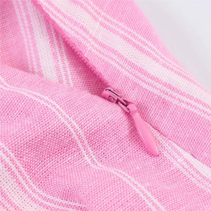 Women's Fashion Skirt Set 2 Piece Set Pink Oversize Long Sleeve Striped Shirt & Zipper Splicing Pleated Midi Skirt Female Outfit