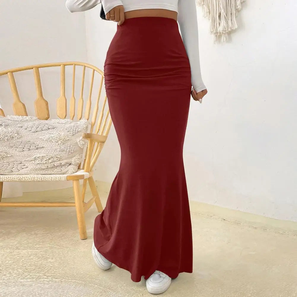Women Maxi Skirt Solid Color High Waist Knitted Women's Fishtail Skirt Long Skirt Spring Autumn Elegant Shirring Design Skirts