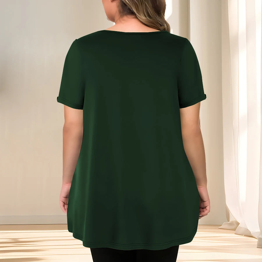 [Elegant Plus Size Blouse] Lightweight Polyester Women's Casual Crew Neck Short Sleeve Blouse, Plus Size | Solid Color, Subtle S