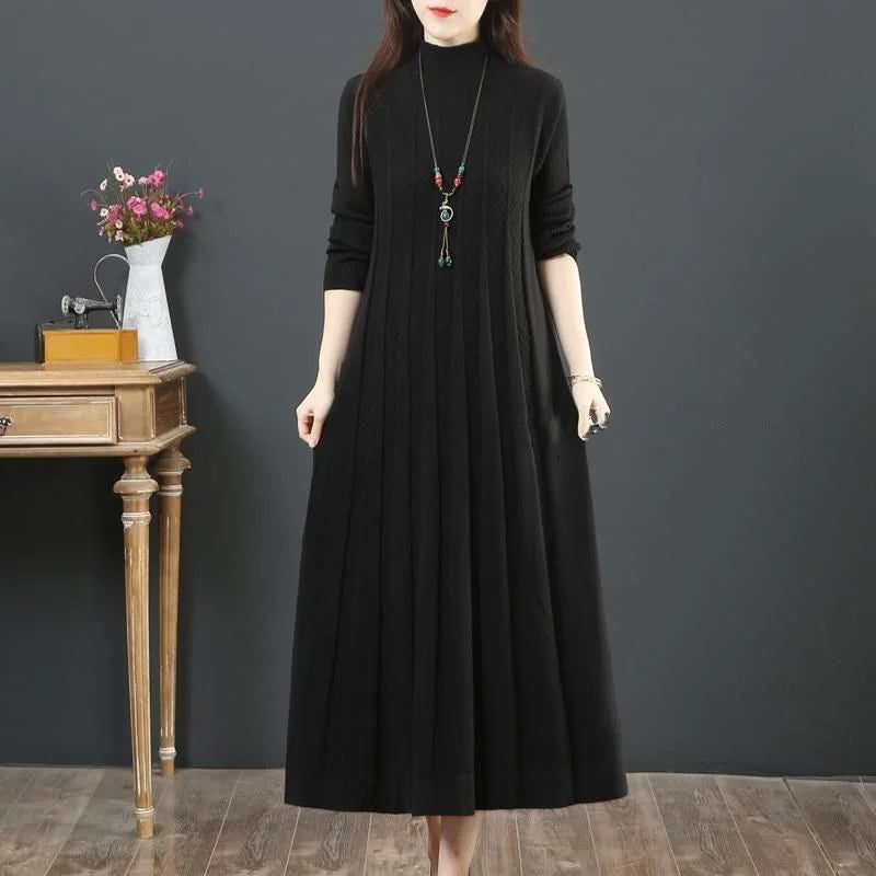 Autumn/Winter Women Knitted Dress 2025 New Solid Loose Pullover Half High Collar Long Knitted Sweater Dress Female High-Quality