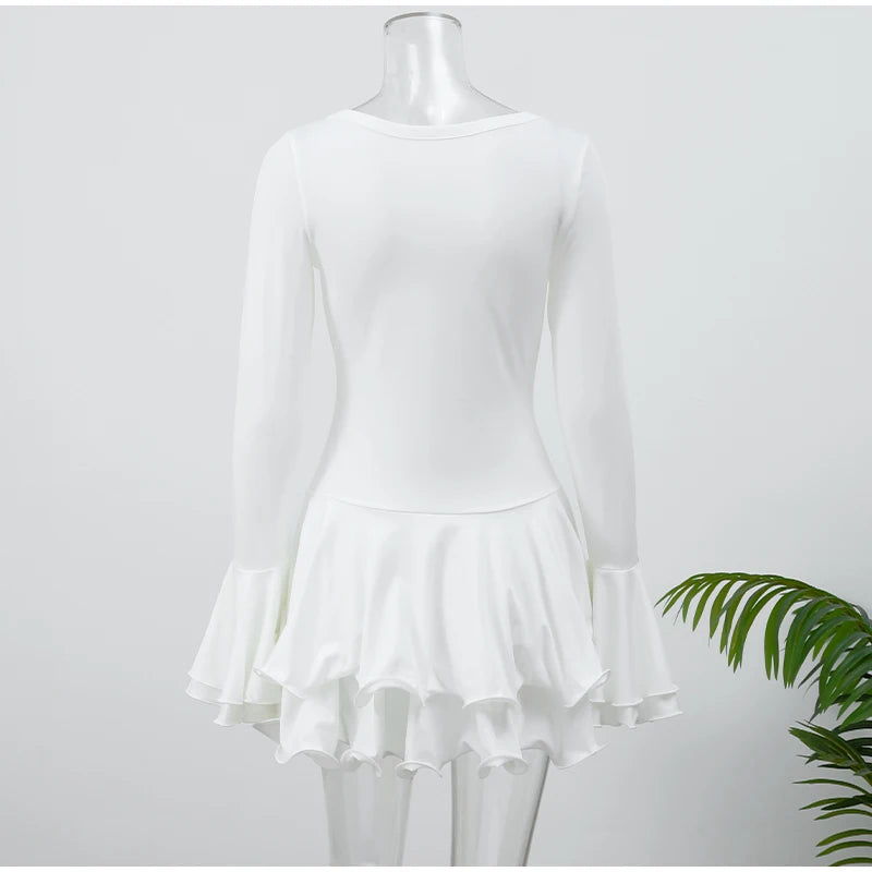 Pink Flare Sleeve Ruffle Pleated Mini Dress Women's Irregular Deep V-neck Buttons A-line Gowns Lady 2025 Party Club Vestidos New