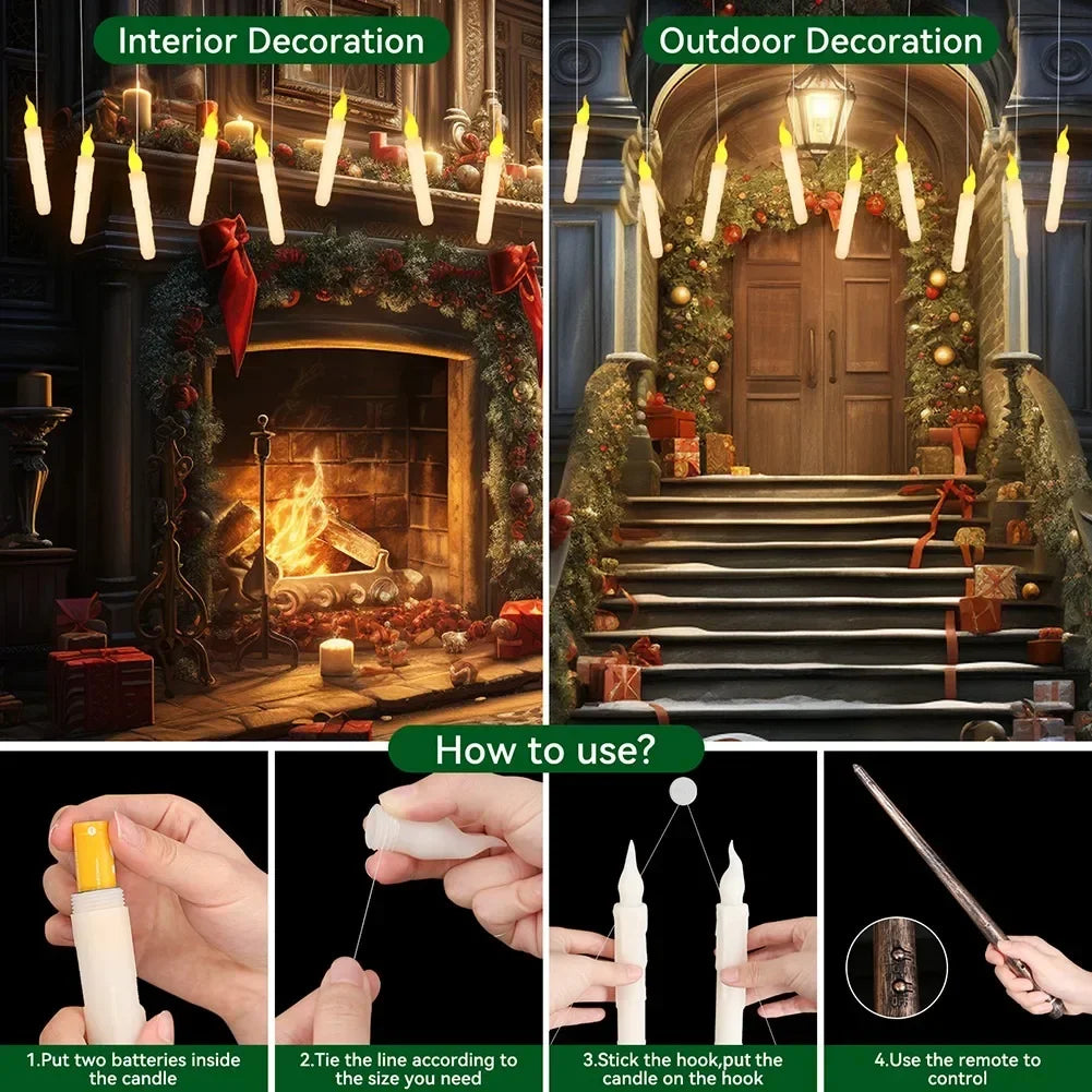 Magical Floating Candles with Wand Remote Control Flameless Hanging Candles for Halloween Wedding Christmas Birthday Party Decor